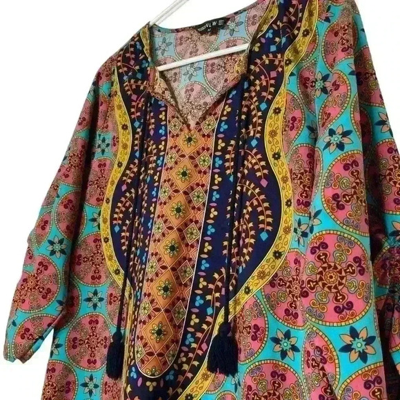 NLW Paisley,loose,oversized,flowy,bohemian Multicolored open neck w/Tassels SZ-M - Picture 3 of 10